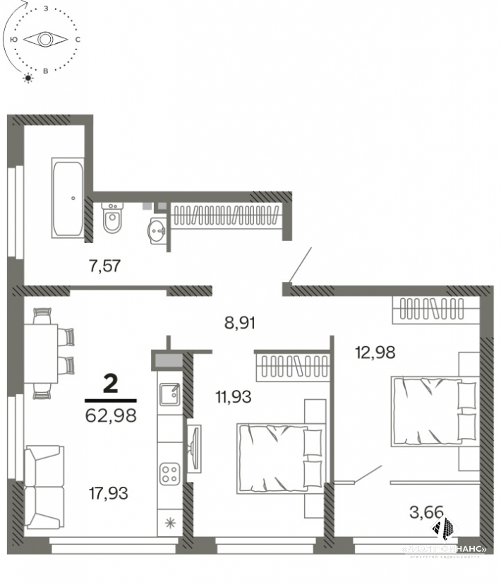 2-х комнатная квартира в новом ЖК общей площадью 61 кв.м.